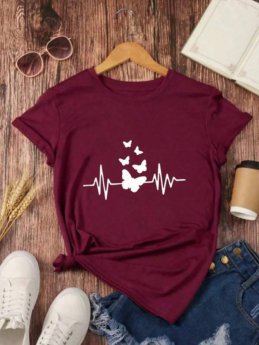 Camiseta suelta de mujer con estampado de mariposa en línea - Burdeos - Ver 1