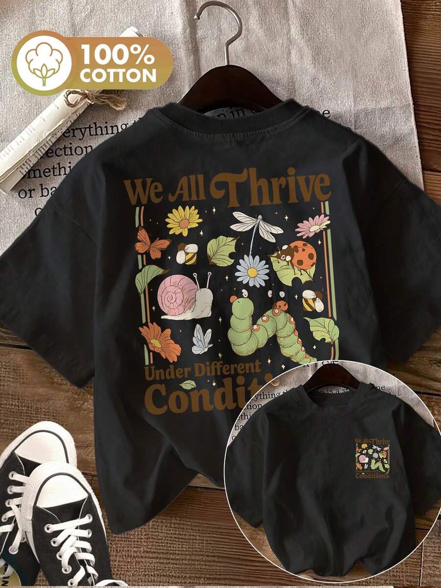 [Double-Sided Front And Back Print] Women's Pure T-Shirt, Cool Style, Insect Text We All Thrive Under Different Conditions Print, Short Sleeve, Round Neck, Spring Summer Top [Yang] - Black - View 1