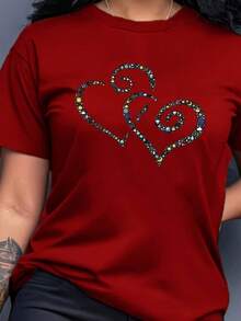 Women's Casual Short Sleeve T-Shirt With Heart Print Embellished With Rhinestones - Round Neck, Loose Fit, Medium Stretch Fabric, Machine Washable, Versatile Top For All Seasons, Ideal For Casual Wear And Vacations (Sizes S-XXL, Multicolor Options), Holiday Clothes, Smart Casual Wear, Soft Texture T-Shirt - 紅色 - 查看 6