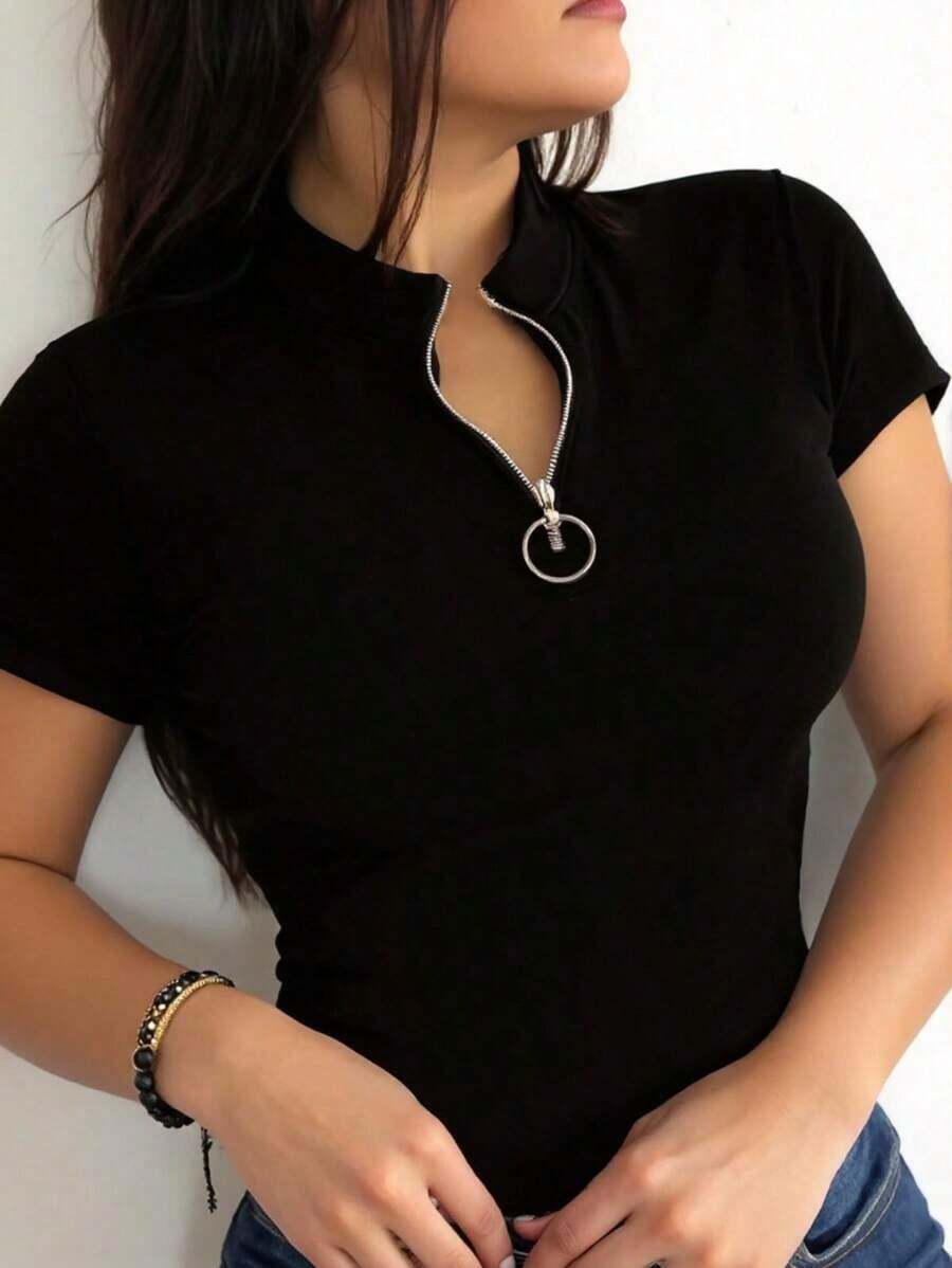 Camiseta casual de mujer de manga corta con cuello mao y unicolor, para verano - Negro - Ver 1
