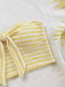 2 piezas Conjunto de top corto a rayas y shorts de cintura alta para mujer, adecuado para vacaciones, citas, té de la tarde, playa, crucero, viaje a la ciudad, festival de música, estilo bohemio de playa - Amarillo - Ver 6
