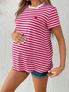 Camiseta De Maternidad De Cuello Redondo A Rayas De Manga Corta Para Verano - Rosa Fucsia - Ver 4