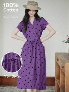 Vestido casual elegante y vintage con estampado de lunares, con bolsillos y lazo en la espalda, silueta minimalista pero refinada de corte evasé con cintura anudada, vestido versátil para oficina/ocasión, conjunto bohemio de lunares para vacaciones, primavera/verano rojo - Morado - Ver 5