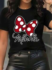 Disney Women's Bestseller Printed T-Shirt, Red Polka Dot Bow Minnie Mouse Cartoon, Fashionable And Cute, Printed Short-Sleeve Round Neck Tee, Casual, Comfortable, Stylish And Versatile, Suitable For Spring, Summer, And Autumn, Leisurewear. - màu đen - Xem 6