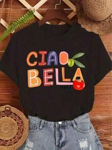 Conjunto familiar con estampado de letras coloridas "CIAO BELLA ITALY", cómodo, suave y transpirable, para otoño e invierno. Nueva moda retro para mujer, fácil de usar en el día a día, versátil para primavera y verano. Camisetas de manga corta para mujer, camisetas gráficas, tops gráficos para mujer, camisetas de verano, camisetas casuales, camisetas de verano, tops, conjuntos de verano para mujer, camiseta casual cómoda de manga corta con cuello redondo, adecuada para primavera, verano y otoño. - Negro - Ver 1