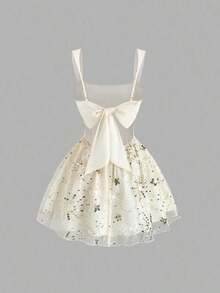Vestido de lentejuelas elegante para niña, diseño de línea A, cintura ceñida, ajuste delgado, estilo romántico francés, acento de lazo, verano - Albaricoque 2 - Ver 7
