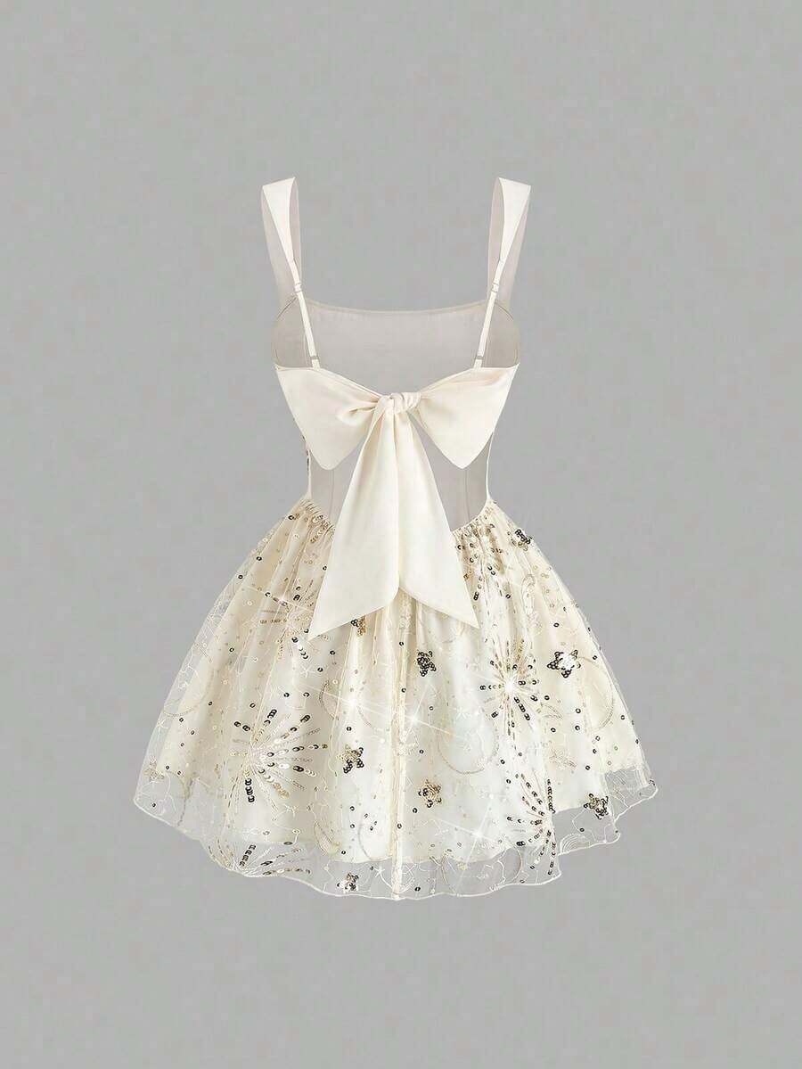 Vestido de lentejuelas elegante para niña, diseño de línea A, cintura ceñida, ajuste delgado, estilo romántico francés, acento de lazo, verano - Albaricoque - Ver 1
