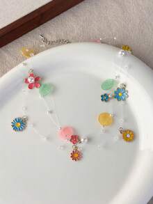 1件彩色雏菊贝壳珍珠项链，多层精致鱼线颈链，独特设计，女士配饰 - 項鍊 - 查看 7