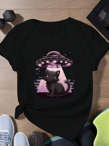 Camiseta deportiva de manga corta de talla para mujer con tatuaje de gato negro de estilo retro. - Negro - Ver 6