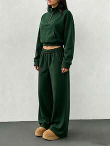 Conjunto de 2 piezas para mujer con camiseta de manga larga de hombros caídos de cuello en V a rayas y pantalones a rayas de cintura elástica, traje de suéter de invierno, otoño/invierno - Verde militar - Ver 2