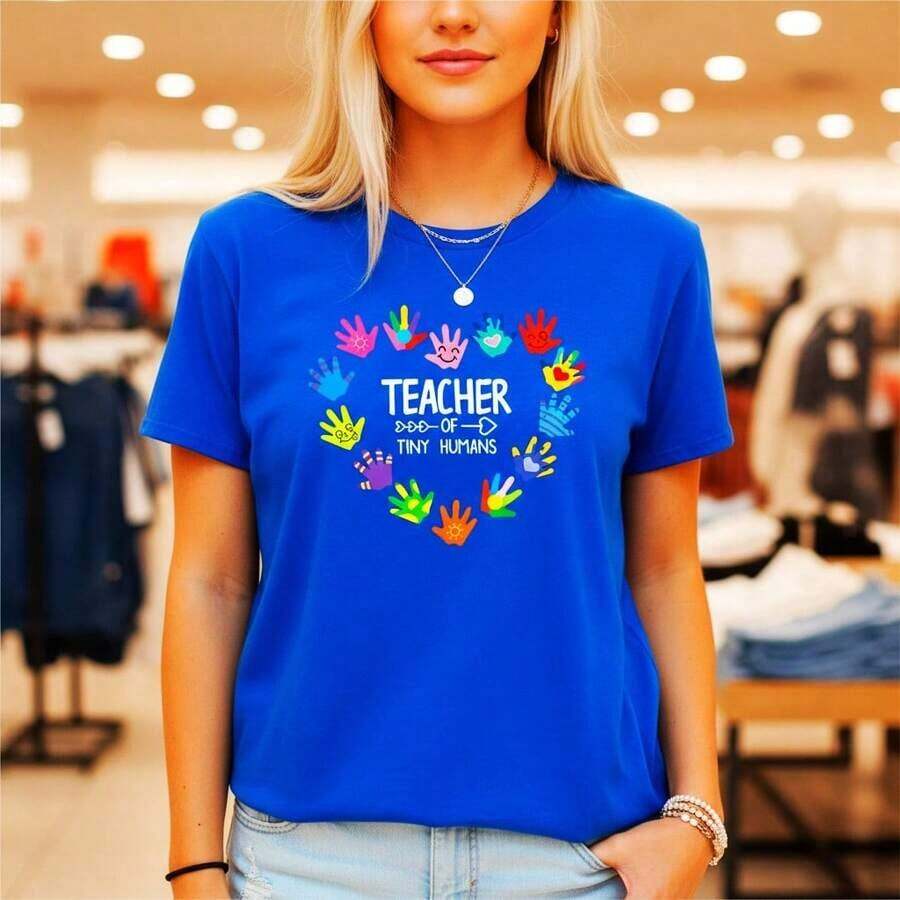 Women's "Teacher Of Little Humans" Graphic Print Cotton T-Shirt, Round Neck, Short Sleeve, Casual Style, Rainbow Handprint Design, Loose Fit, Sizes S-5XL, Ideal For School, Teacher Appreciation, Daily Wear, Soft And Comfortable Cotton Fabric, Educational Themed T-Shirt, Suitable For Spring, Summer And Autumn. - 藍色 - 查看 1