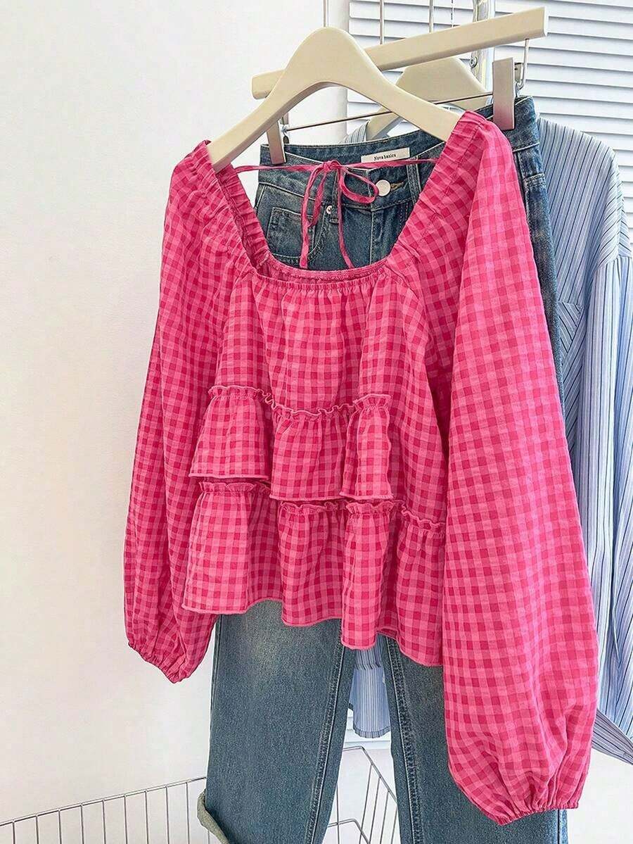 Blusa con volantes en el bajo, nueva llegada de otoño para mujer - Rosa Fucsia - Ver 1
