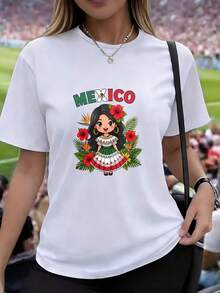 Camiseta de mujer de manga corta, estampado de dibujo animado, niña con vestido tradicional decorada con flores tropicales, detalles de letras, cuello redondo casual - Blanco - Ver 1