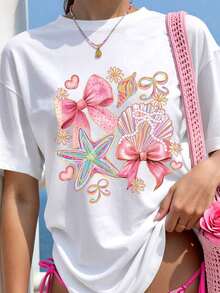 Camiseta Casual de Mujer con Estampado Floral y de Conchas Marinas, de Corte Holgado, de Algodón Puro, de Manga Corta, Adecuada para Uso Diario o para la Temporada de Regreso a Clases, Camiseta de Verano de Manga Corta. Ecológico - Blanco - Ver 4