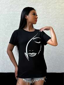 Stylish Versatile Casual T-Shirt With Print - Black - View 9