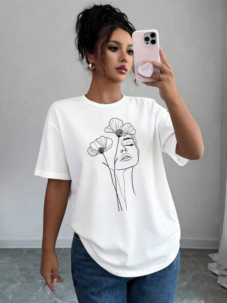 Camiseta de Manga Corta para Mujer - Blusa con Estampado Abstracto y Rostro Femenino, Top Casual de Primavera-Verano con Elasticidad Media, Prenda Lavable a Máquina y Pieza de Capas para Mujer (No-) - [Blanco] - Ver 1