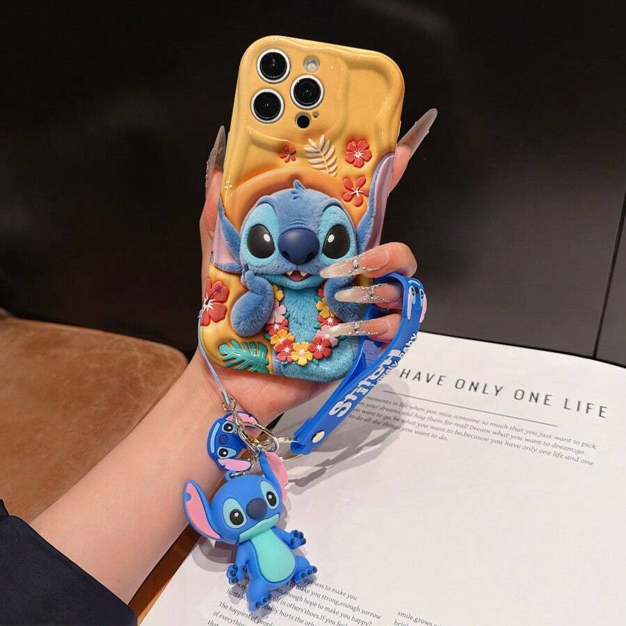 Disney Lilo And Stitch Phone Case : 3D Fluffy Pattern Border Protector Phone Soft Phone Case With A Free Cute Stitch Bracelet Chain Lanyard, Stitch, Lilo, Angel, For Apple 17 Promax 17 Pro 16 15 14 13 12 11 Pro Max XS Max X XR Soft Cover Summer Phone Case - trắng - Xem 1