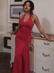 Vestido halter liso con lazos cintura ajustada abertura elegante moda verano para mujer - Rojo - Ver 2