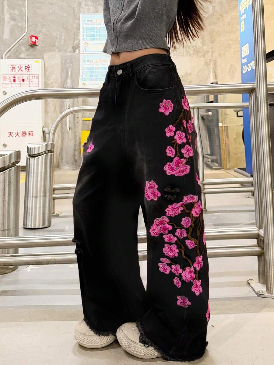 1件女款美式街頭風破洞刺繡寬腿牛仔褲，寬鬆四季牛仔長褲（不含腰帶/配件）休閒 - 玫紅色 - 查看 1