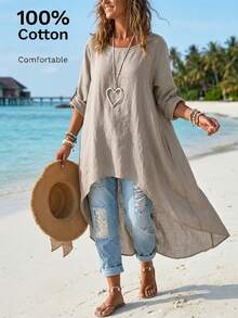 Women's Solid Color Casual Loose Asymmetrical Hem Round Neck Short Sleeve Top, Spring/Summer - Grey - View 4
