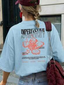 Women's Retro American Style T-Shirt With Hibiscus Flower Print And "Imperfect" Slogan, Loose Fit That Enhances The Silhouette, Artistic And Relaxed Style, Short Sleeve, Suitable For School, City Walks, Spring Outings And Casual Summer Wear. - 淺藍色 - 查看 5
