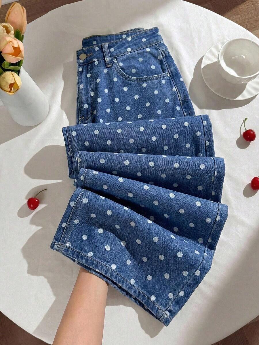 Pantalones vaqueros casuales con estampado de lunares para mujer, pantalones con estampado de lunares, pantalones con estampado de lunares, pantalones lindos, pantalones casuales para mujer, pantalones vaqueros holgados con estampado de - Lavado ligero - Ver 1