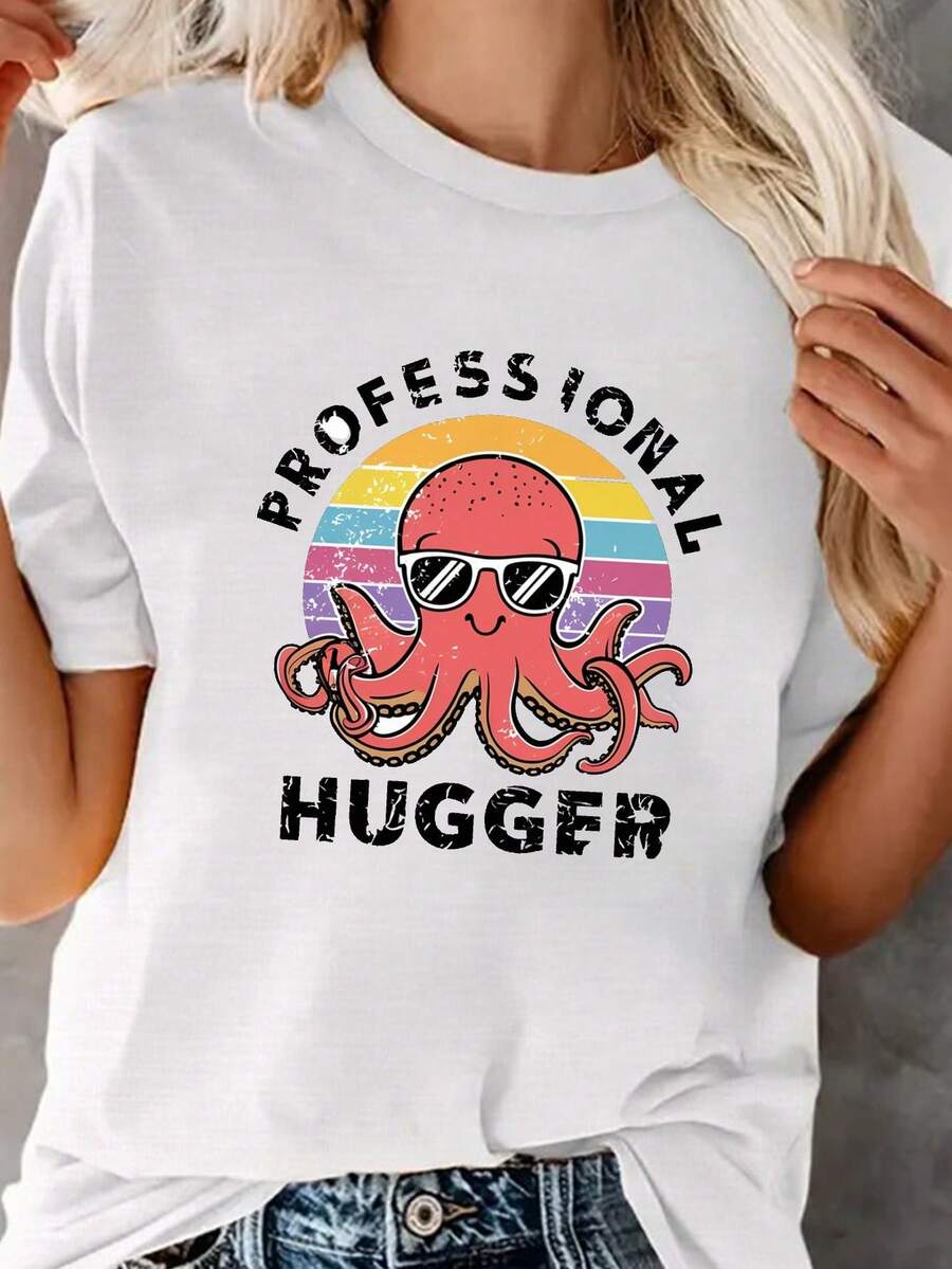 Camiseta de cuello redondo con estampado de pulpo, top casual de manga corta para primavera y verano, ropa de mujer - Blanco - Ver 1