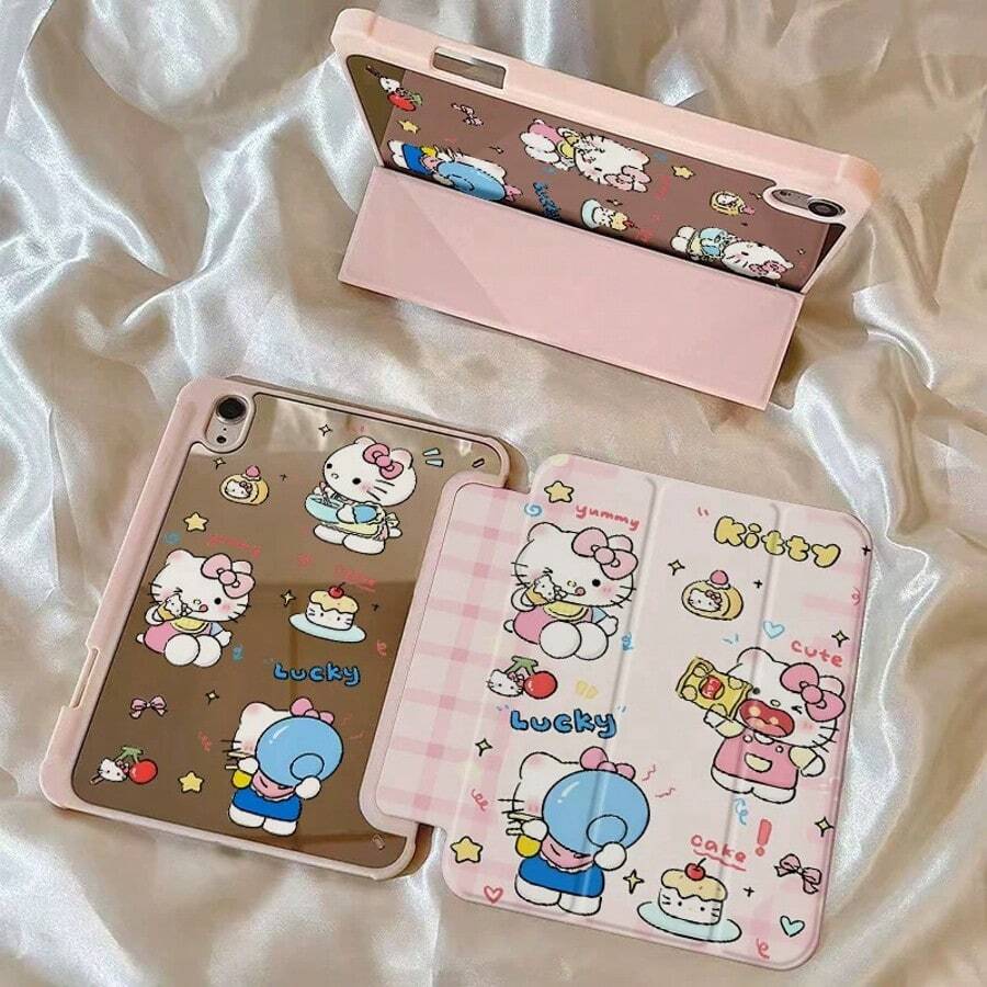 SANRIO 可爱卡通粉色镜面贪吃米饭Hello Kitty保护套,平板电脑保护套,适用于iPad 11-12代、Air 7-8代、Air 4-5-6代、10.2代、Pro 11-10代、9.7-10.5英寸,带睡眠/唤醒功能 - 粉色 - 查看 1