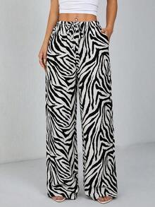 PETITE Pantalones anchos de estampado de leopardo para mujer - Negro - Ver 7
