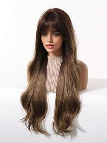 28 Inch Brown Ombre Natural Wavy Long Curly Wig With Bangs, Heat Resistant Synthetic Wigs, Easy To Wear And Style For Women, Suitable For Halloween, Cosplay, Music Festivals, Beginner Friendly, Holiday Gift - Brown Ombre - View 3