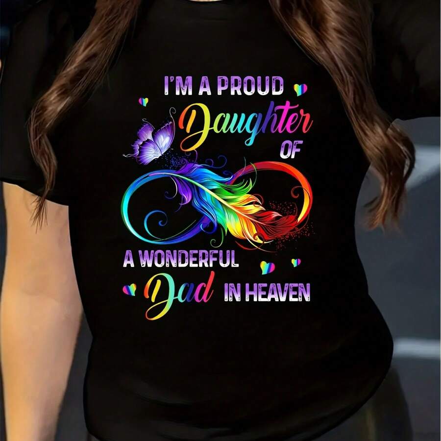 Women'S Retro Graphic T-Shirt - "I'm A Proud Daughter Of A Wonderful Dad In Heaven" Butterfly & Rainbow Print, 100% Cotton/ Blend, Regular Fit Short Sleeve Crew Neck Top For Casual Attire, Father'S Day Gift, All-Season Comfort - 黑色 - 查看 1