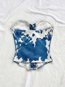 Top corto de suede sexy con lazo, remaches y diseño deconstructivo, adecuado para vacaciones, citas, té de la tarde, vacaciones, festivales de música, estilo bohemio, cruceros, playa, verano - Azul y blanco - Ver 2