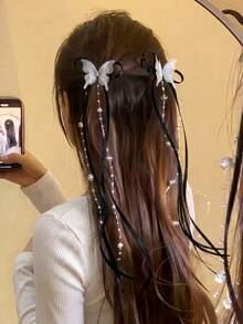 2 pièces/set Pinces à cheveux avec nœud papillon à gland bleu éthéré, design papillon transparent + Bandeau à chaîne de perles fausses à gland éthéré, essentiel pour la saison des mariages - Convient aux femmes et aux filles, adapté pour le quotidien, les rendez-vous, les sorties, l'école, les séances photo dans divers scénarios, crée facilement l'ambiance, l'été, les vacances, les voyages, les festivals, les anniversaires - Multicolore - Voir 3
