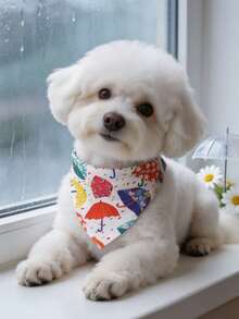 聚酯纖維多色雨傘圖案寵物圍巾領巾，Happy Little Dog，適合小型至中型貓狗（比熊、泰迪），適合全年室內外玩耍，不適合大型犬種 - 白色 - 查看 2
