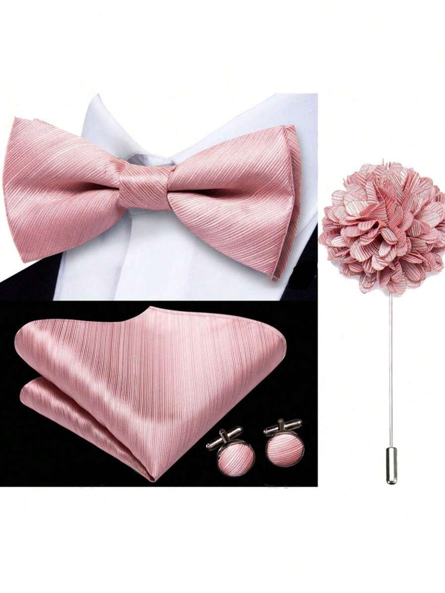 四件套浅粉色婚礼真丝领结纯色预系领结手帕袖口花卉胸针胸花礼物舞会晚宴情人节 - 粉色 - 查看 1