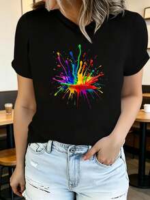 Camiseta de verano para mujer de manga corta con estampado, moderna y casual, lavable a máquina, ajuste cómodo con estampado plano 2D. - Negro_06 - Ver 12