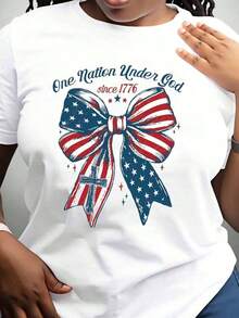 Patriotic T-Shirt With American Flag, Bow And Cross, "One Nation Under God Since 1776" For Independence Day And Fourth Of July Celebration, For Women, Men And Unisex, Casual Wear, 220g - 白色的 - 查看 2
