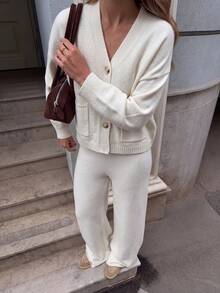 Senya 2026 Women's Knit 2 Pieces Set, V Neck Button Cardigan & Wide Leg Pants, Casual Chic Quiet Luxury Matching Outfit, Fall Winter Lounge Set - White - View 4