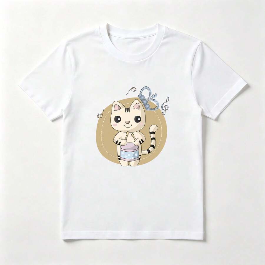 Drummer Cat Musical 100% Cotton White T-Shirt - White - View 1