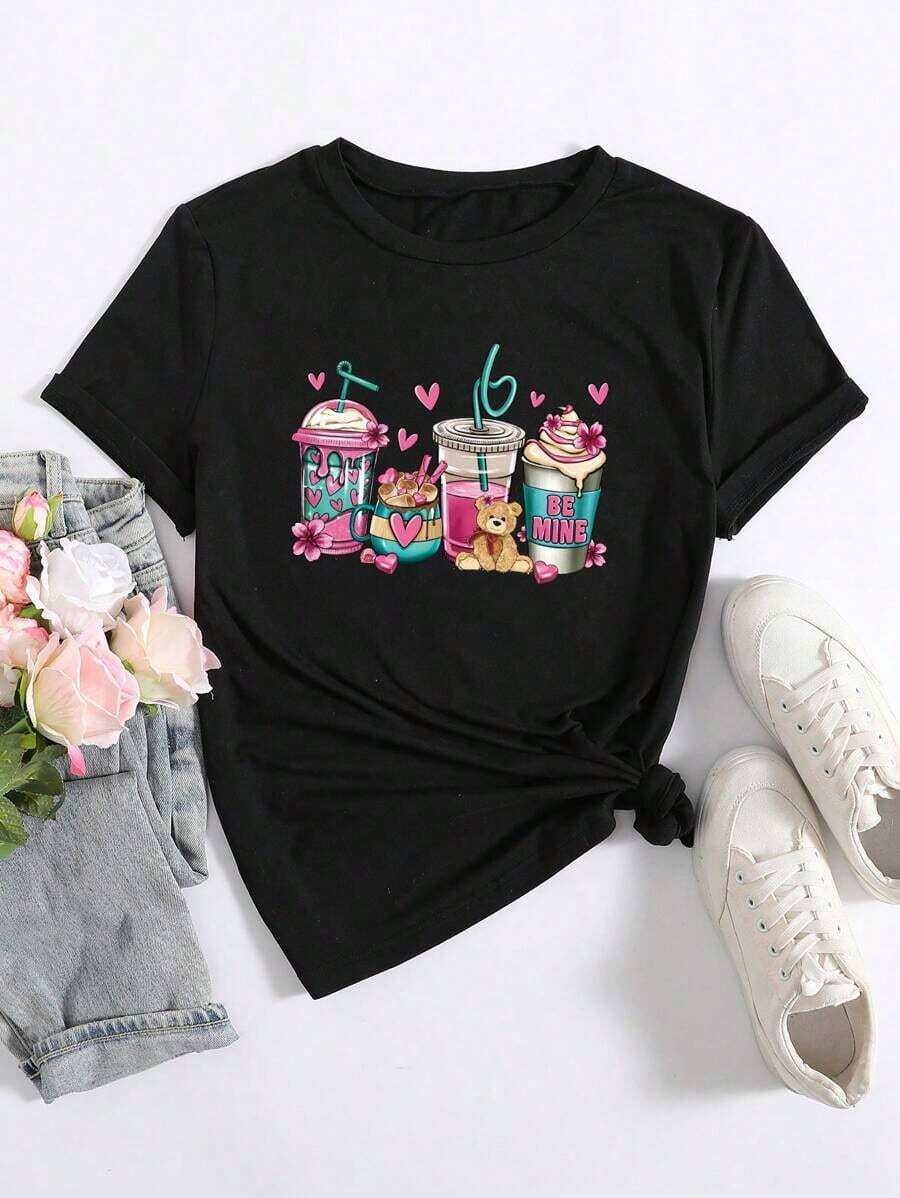 SimpieAndVersatileDesignCamiseta gráfica de manga corta para mujeres con estampado de oso y corazón lindoCottonT-Shirt - Negro - Ver 1