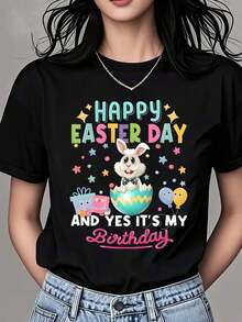 Women's Short-Sleeved T-Shirt With Round Neck, Bunny Print, Egg, Balloons And The Phrase "Happy Easter And Yes, It's My Birthday", For Easter Celebration And Birthday Party, Summer T-Shirt. - 黑色 - 查看 7