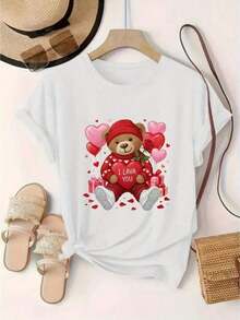 Women's Valentine's Day Teddy Bear And Heart Print T-Shirt, Round Neck, Casual Short-Sleeve T-Shirt / Short-Sleeve Tee - 白色的 - 查看 1