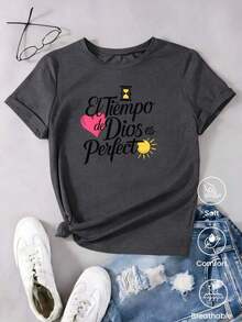180g Made In Mexico, Spring/Summer 2026 Fashion Short Sleeve T-Shirt, Cartoon Print, Couple Style, Underwear/Outerwear, Casual Round Neck For Office, Unisex One Piece Top - 深灰色 - 查看 3