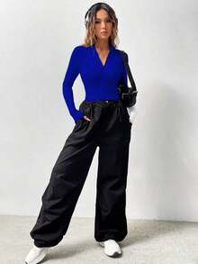 de manga larga de unicolor casual para mujer - azul real - Ver 7