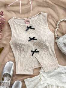 Camiseta de tirantes de mujer de verano informal con textura, lazo decorativo y bajo dividido en contraste de color - Albaricoque - Ver 6