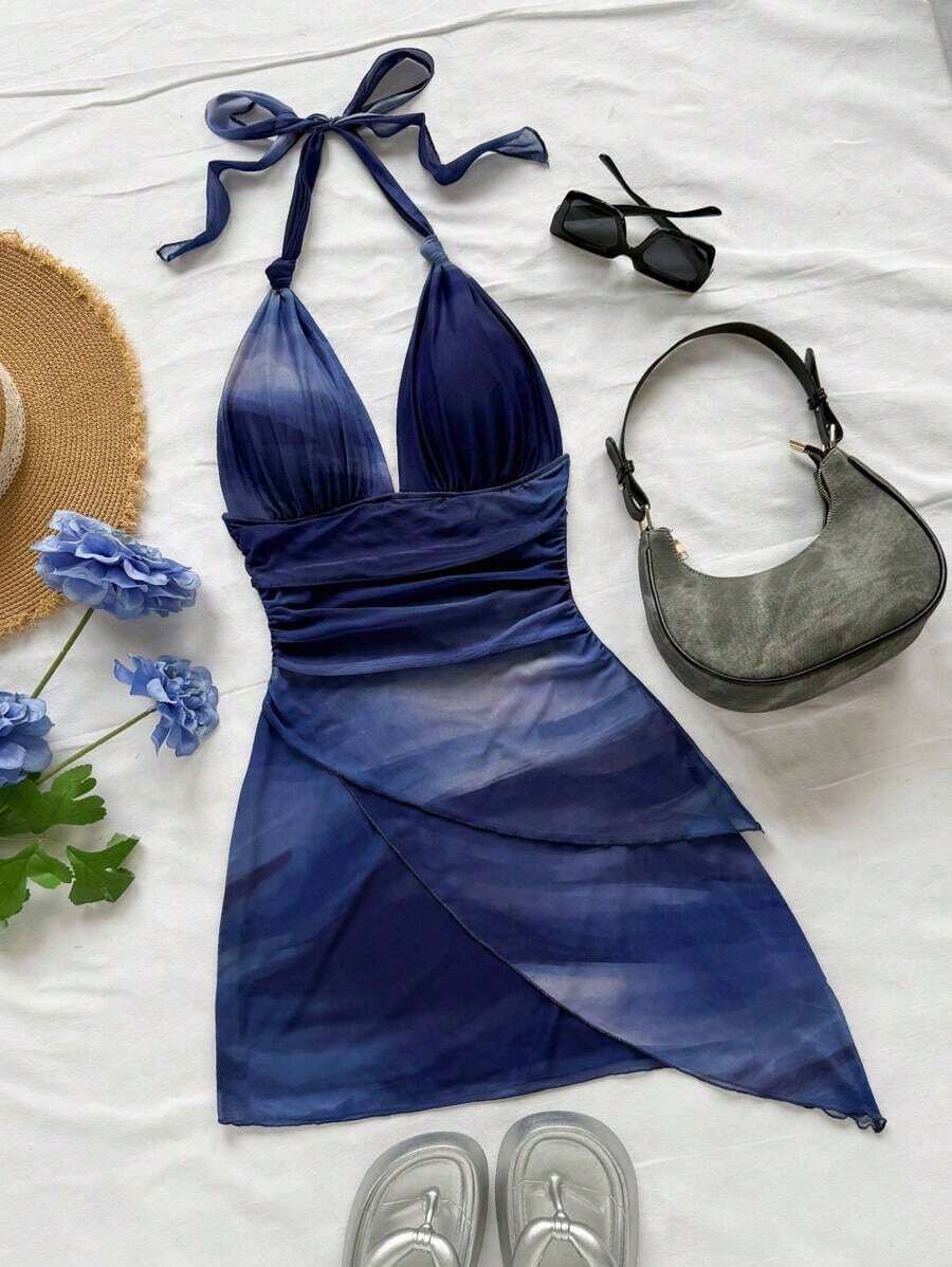 Vestido Mini Sexy Romántico de Vacaciones para Mujer Vintage con Degradado, Cuello Halter en V, Lazos, Malla, Volantes y Bajo Asimétrico, Ropa Bohemia, Vestido Ajustado - Multicolor 2 - Ver 1