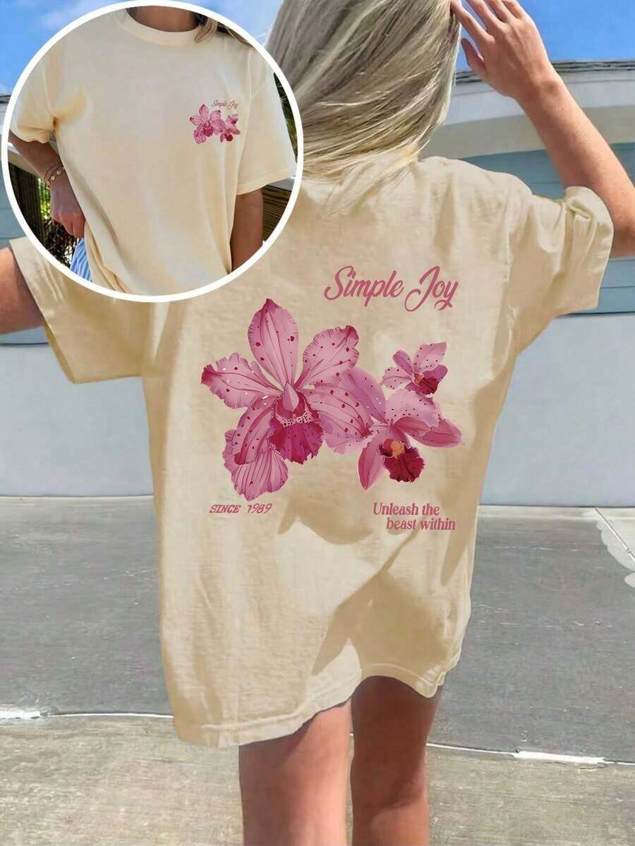 New For Summer 2026: Women's Plus Size T-Shirt - Crew Neck Style With Double-Sided Floral And Letter Print; Made From 100% Pure Cotton For A Comfortable And Casual Feel - Ideal For Island Getaways. - 杏色 - 查看 1