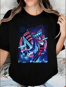 A Women's Short-Sleeved T-Shirt With A Retro-Modern Style, Suitable For Outdoor Activities In Spring And Summer. The Women's T-Shirt Features A Neon Robot Design With Cartoon Characters, Making It Perfect For Casual Summer Wear And A Great Gift For Anime Lovers. - 黑色 - 查看 8