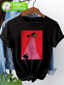 Minimalist. 1 Pack. 100% Cotton. 100% Women's T-Shirt, Bohemian Abstract Pattern T-Shirt, Casual Short-Sleeved Top With A Round Neck, Comfortable Everyday Wear For Art Lovers. Summer Round Neck. - Black - View 1