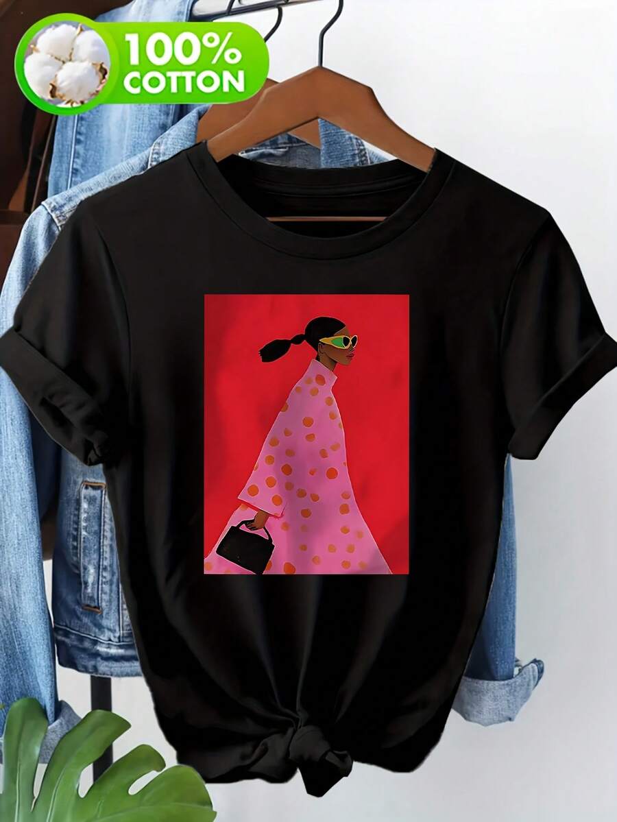 Minimalist. 1 Pack. 100% Cotton. 100% Women's T-Shirt, Bohemian Abstract Pattern T-Shirt, Casual Short-Sleeved Top With A Round Neck, Comfortable Everyday Wear For Art Lovers. Summer Round Neck. - Black - View 1